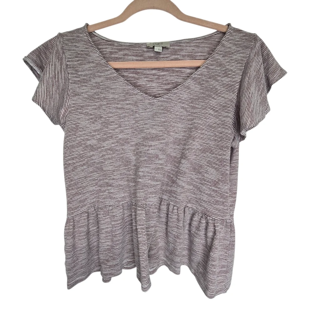 Loft brand V-neck striped top with ruffled sleeves